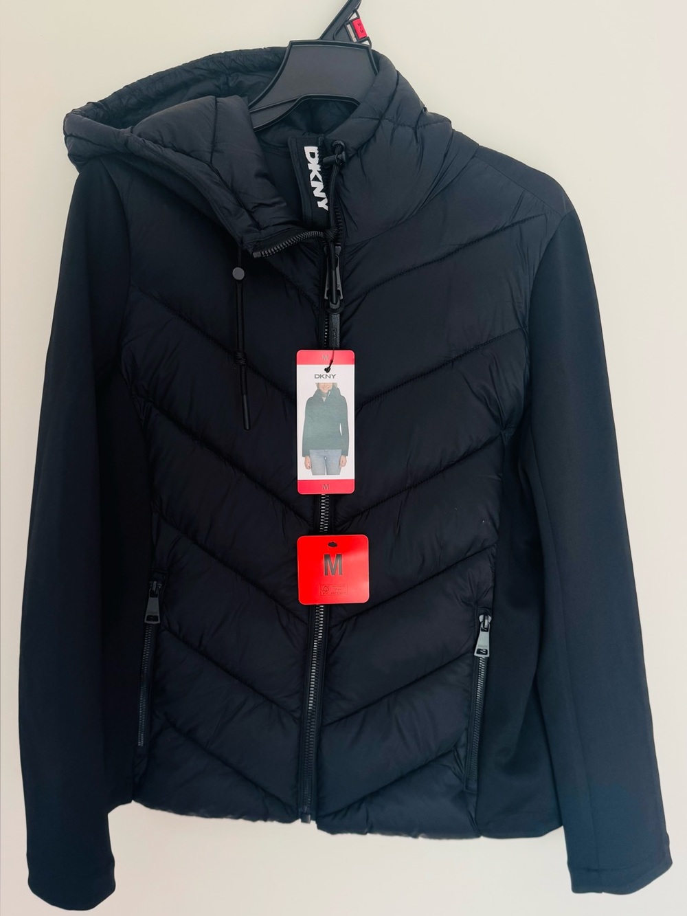 DKNY Black Mixed Media puffer hooded jacket